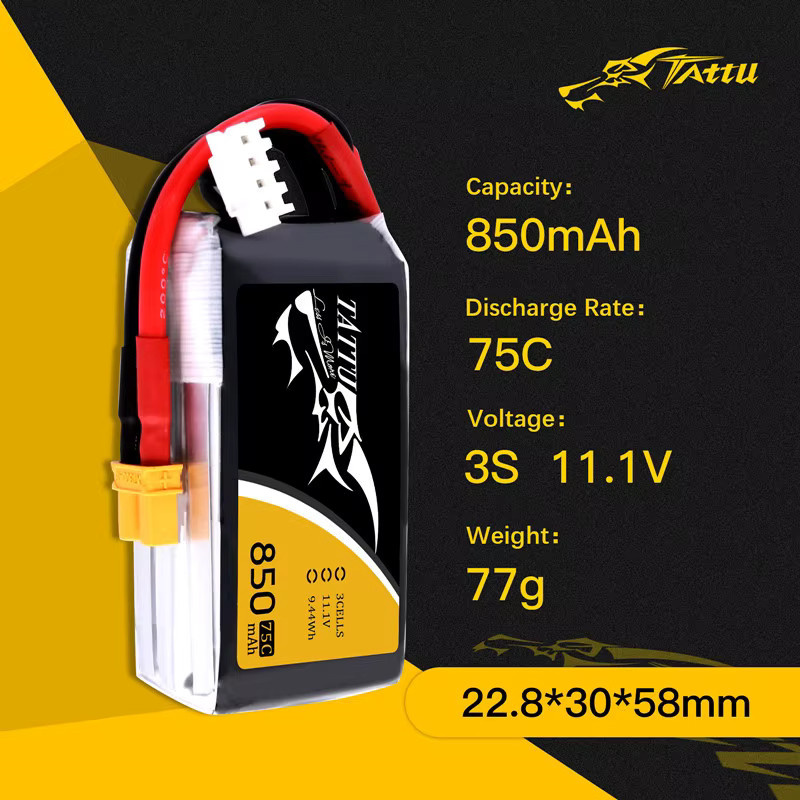 TATTU LiPo-Akku 3/4S 850mAh 75C mit XT30 oder XT60 Anschluss in Schwarz für RC-Helikopter, Quadcopter und FPV-Renndrohnen - Bild 2