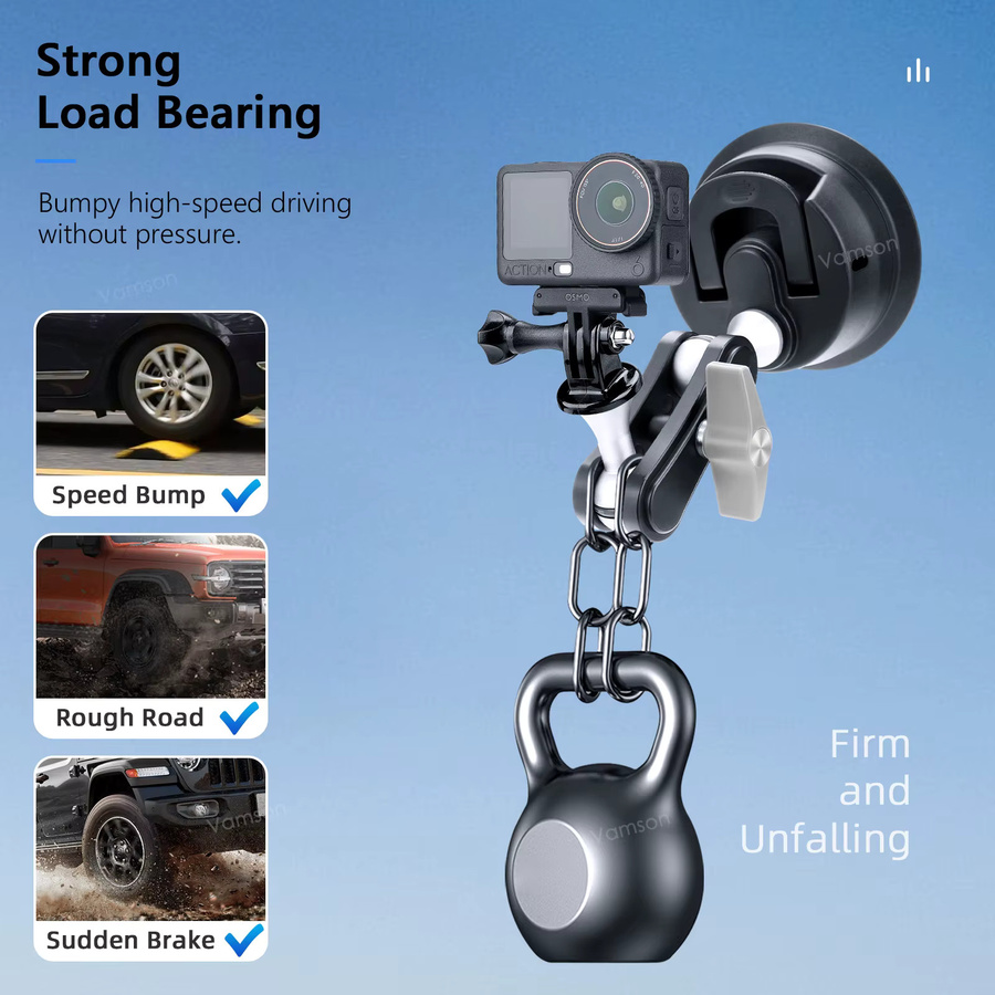 Vamson Auto-Saugnapfhalterung für DJI Osmo Action 6/5/4/Nano, 360 Grad schwenkbare Vakuum-Windschutzscheibenhalterung in Schwarz - Bild 5