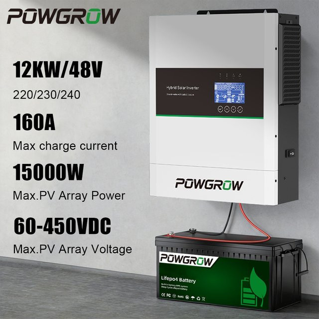 POWGROW Hybrider Solar Inverter 12KW mit integriertem MPPT Solar Charge Controller, On- und Off-Grid, reiner Sinuswellen-Wechselrichter mit WIFI-Unterstützung und BMS, Farbe: Weiß - Bild 1