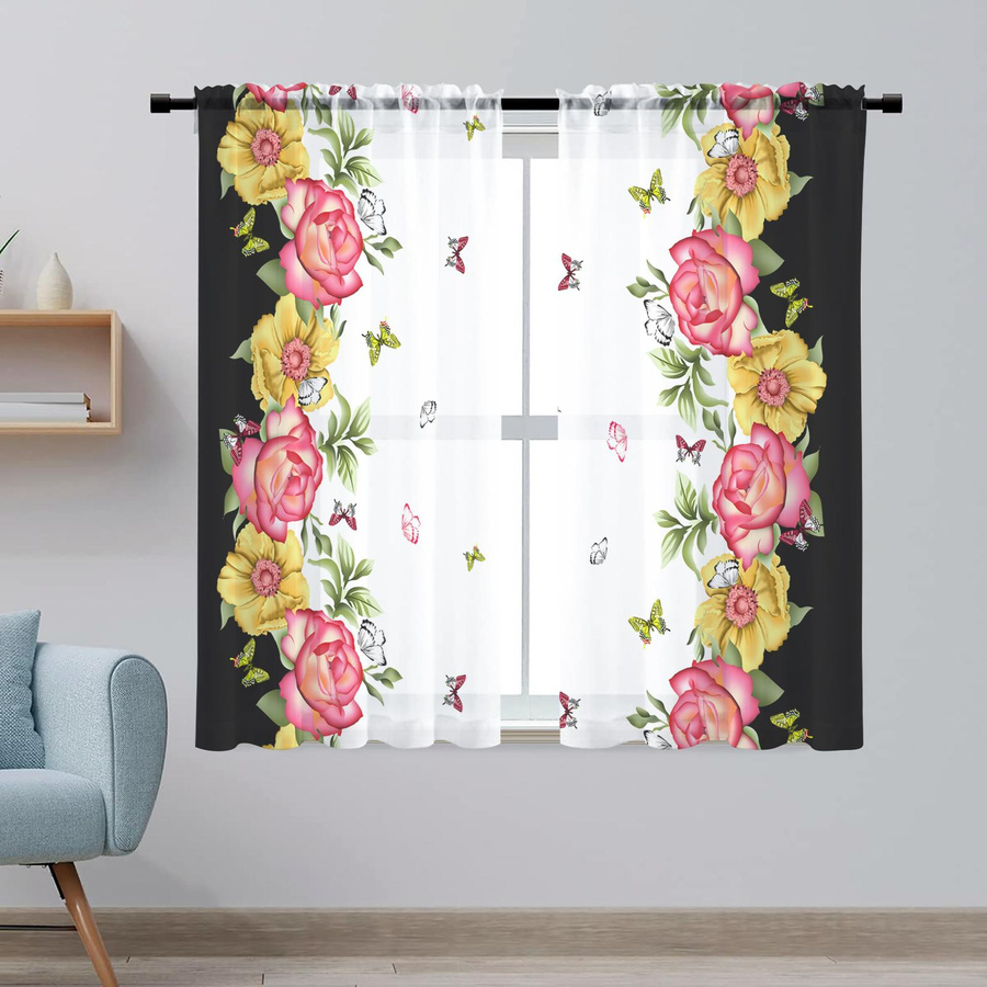 Transparenter Voile-Vorhang mit floralem Rosenmuster und Schmetterlingen in Gelb und Grün, Breite: 100 cm, Höhe: 250 cm - Bild 1