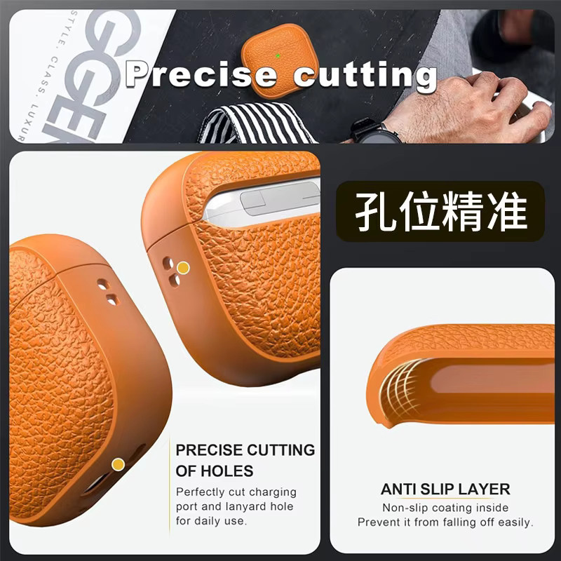 Apple Lederhülle für AirPods Pro 3 mit Reinigungsset in Schwarz und Orange mit sichtbarer Front-LED - Bild 3