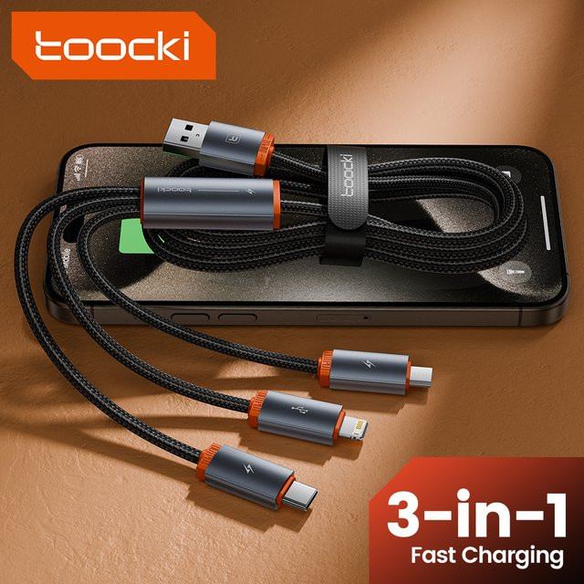 Toocki 3-in-1 USB-Multikabel mit USB-A auf USB-C und Lightning für schnelles Laden, Orange - Bild 1
