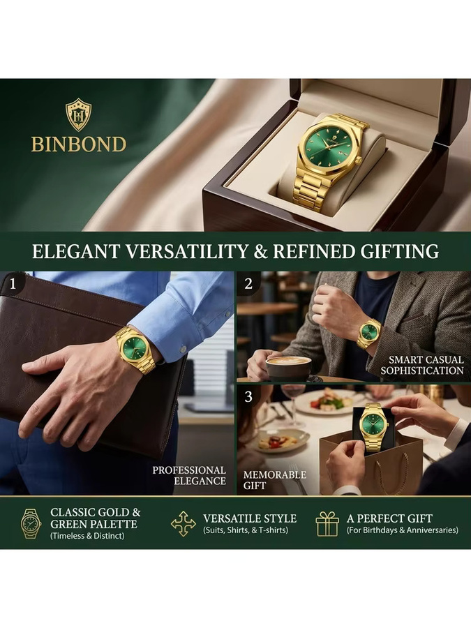 BINBOND Armbanduhr Edelstahl, Gold, grünes Zifferblatt, Quarz, Herren - Bild 6