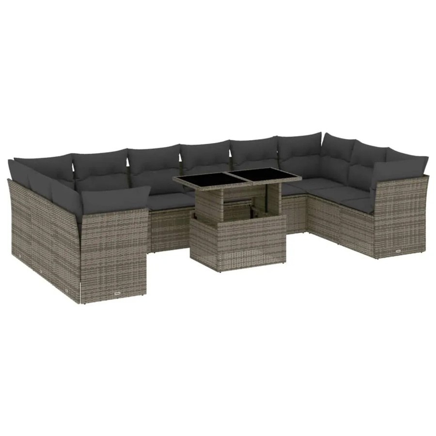 vidaXL 11-tlg. Garten-Sofagarnitur aus Polyrattan in Grau mit Kissen und Tisch, L-Form - Bild 2