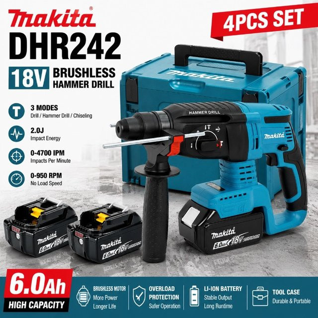 Makita DHR242 Bürstenloser Akku-Bohrhammer 18V mit 6Ah Akku, 24mm Beton-Bohrleistung und 4700 IPM, 3-Modus-Steuerung - Bild 1