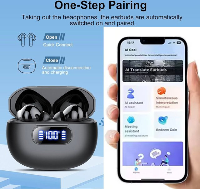 UYUXIO TWS AI-Sprachübersetzung kabellose Bluetooth-Ohrhörer mit Echtzeit-Übersetzung für 144 Sprachen in Schwarz - Bild 1