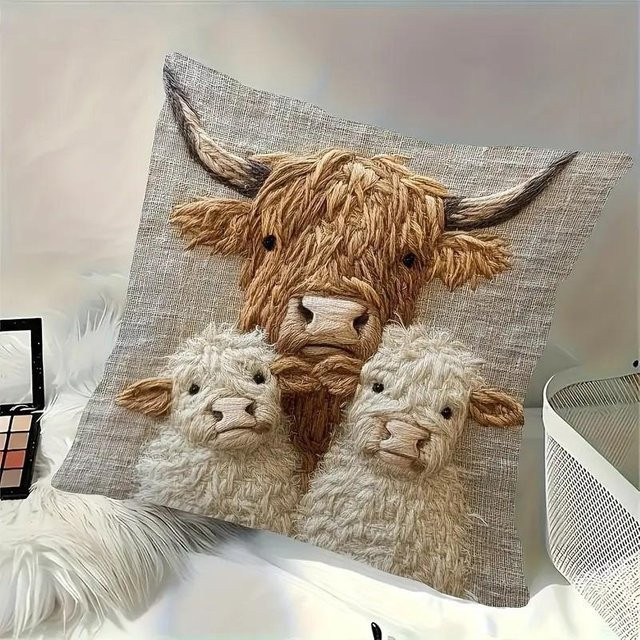 JMG Clothing Hochlandrind Kuschelkissenbezug aus Plüsch mit Tierprint in Grau und Braun, B/T: 45 x 45 cm - Bild 1