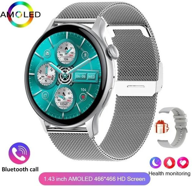 Lucky Start Smartwatch für Damen mit NFC, Bluetooth Anruf, Herzfrequenz und Sport Tracker, Farbe Silber, Mesh Belt - Bild 1