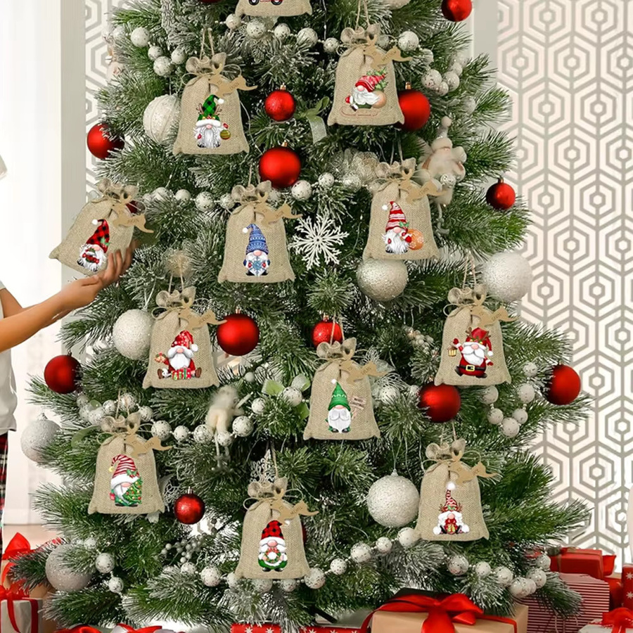 12 Stück Weihnachts-Geschenktüten aus Jute in Beige mit Kordelzug für Süßigkeiten und Weihnachtsfeiern - Bild 3