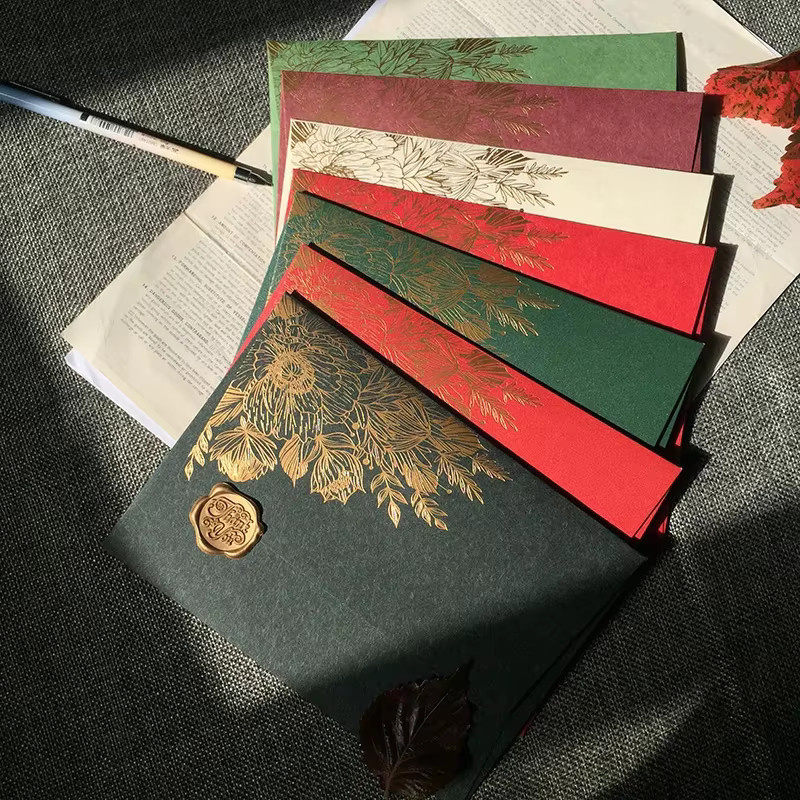 10er Paket HUALIWEN Perlen Papier Umschläge mit europäischem Bronzing Muster für Hochzeits-Einladungen und Geschenke in Schwarz und Mehrfarbig - Bild 2