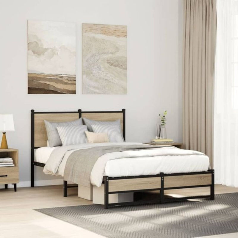 Metallbett Vidaxl in Sonoma-Eiche Natur und Braun im Industrial-Stil, B/T/H: 120 x 200 cm - Bild 1