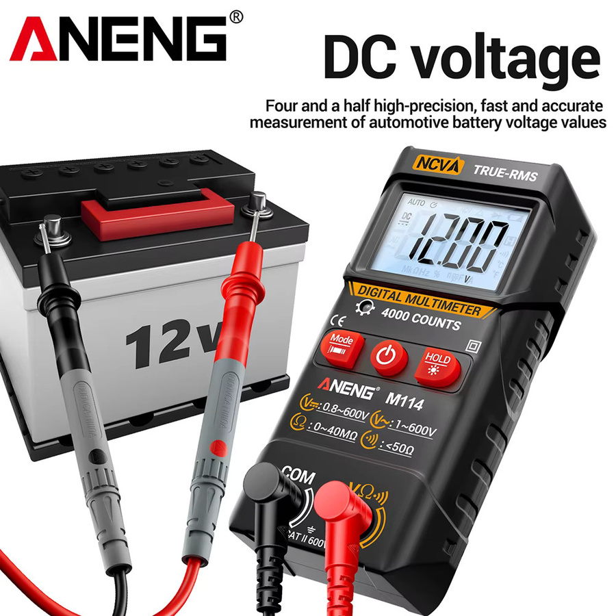 Digitales Multimeter ANENG M114 in Schwarz mit NCV-Spannungsprüfung und Signalton zur Messung von AC-Spannung, Widerstand und Strom - Bild 2