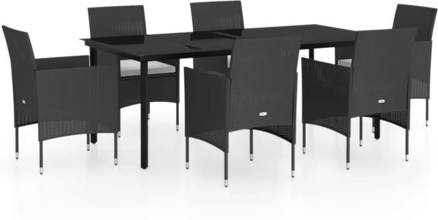 vidaXL 7-teilige Garten-Essgruppe aus PE-Rattan und pulverbeschichtetem Stahl in Schwarz mit Glasplatte und Kissen - Bild 1