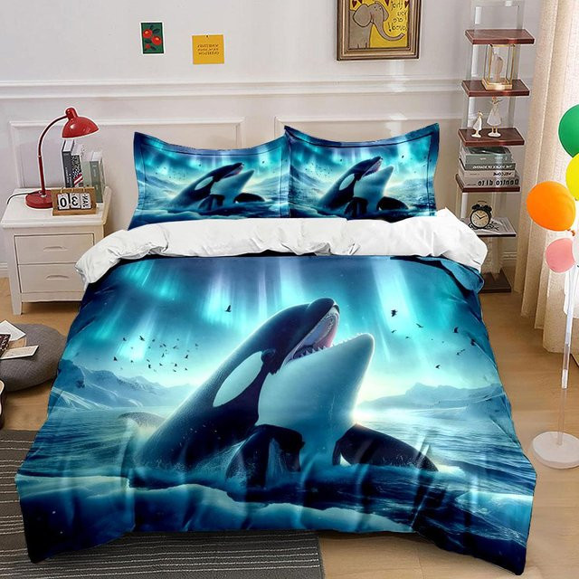 3-teiliges Bettwäsche-Set Orca-Springen unter Nordlichtern in Blau mit 3D-Druckdesign aus Polyester, B/H: 240 x 220 cm - Bild 1