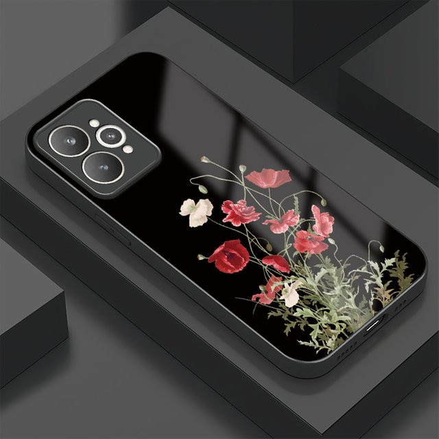 Stoßfeste Handyhülle aus gehärtetem Glas mit Blumen- und Rosen-Design für OPPO Realme Modelle - Bild 1