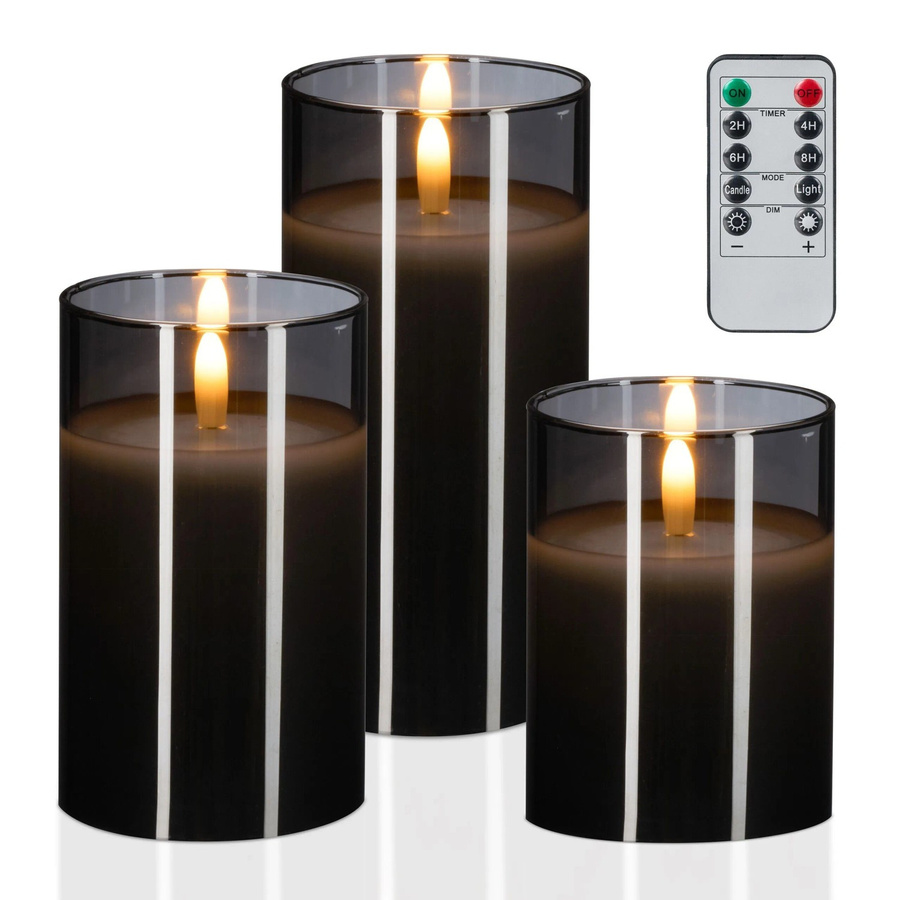 Relaxdays LED Kerzen im Glas 3er Set aus Echtwachs in Grau mit warmweißem Flackerffekt und Fernbedienung, B/T/H: 7,5 x 10 x 12,5 cm, 7,5 x 12,5 x 15 cm und 7,5 x 15 x 15 cm - Bild 2