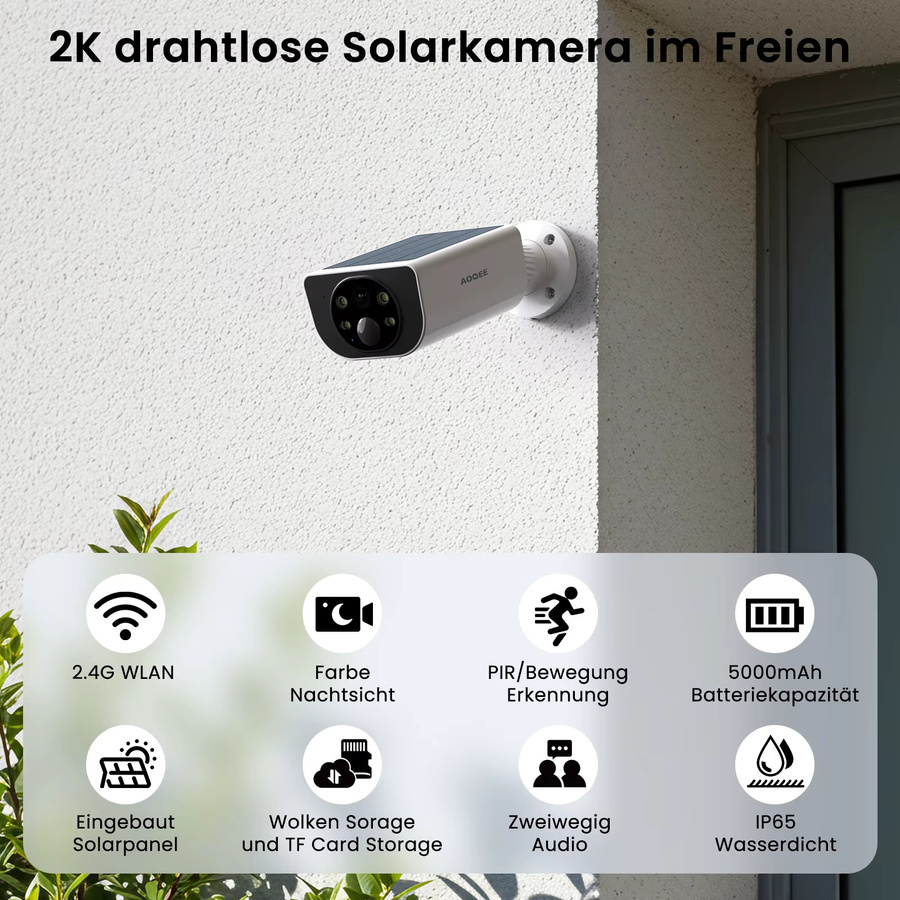 Wansview Outdoor Wireless WIFI Sicherheitskamera mit 3MP Auflösung, Solarbetrieb, Batterie, Flutlicht, Nachtsicht und KI-Erkennung in Weiß - Bild 2