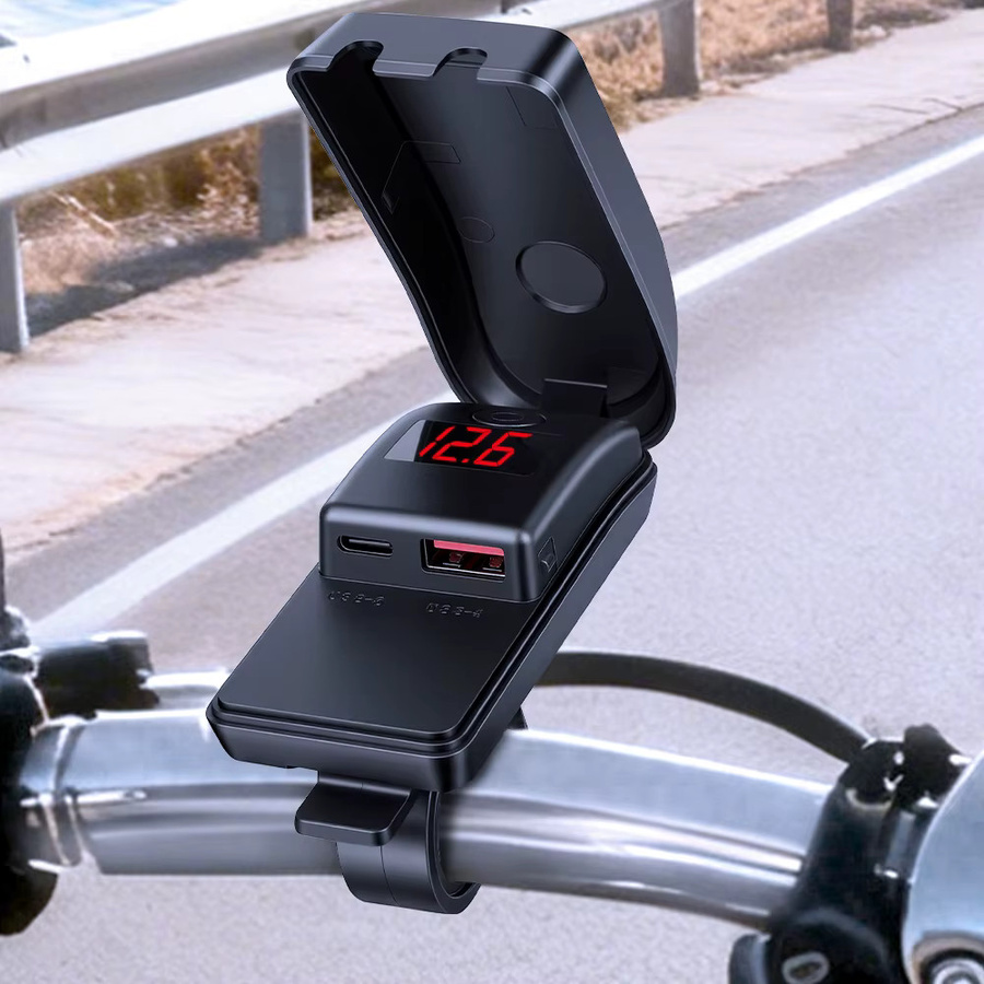 Elektrisches Motorrad-Handy-Ladegerät mit USB-A und USB-C, wasserdicht nach IPX5, 12 V, Schwarz - Bild 6