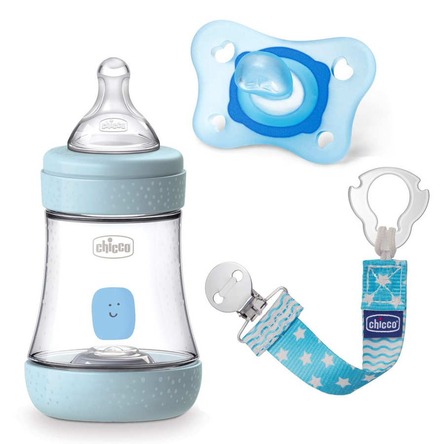 Chicco 3-tlg. Geschenkset mit Perfect5 Flasche 150 ml, Schnuller und Schnullerband in Blau, BPA-frei und mit Anti-Colic-Ventil - Bild 1