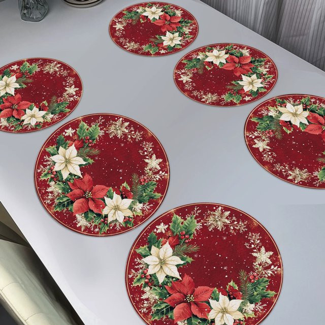 VIKAMA 4-teiliges Weihnachts-Tischset-Set mit Stechpalmenbeeren- und Schneeflockenmuster in Rot, rund, Durchmesser: 38 cm, wasserdicht und hitzebeständig - Bild 1
