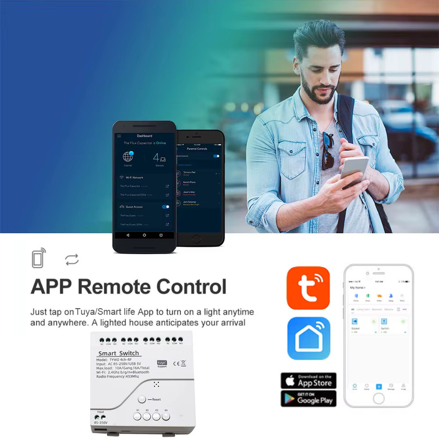 Tuya Wifi Switch Modul mit 4 Kanälen Relais zur App-Fernsteuerung, kompatibel mit Alexa und Google Home, Weiß - Bild 2