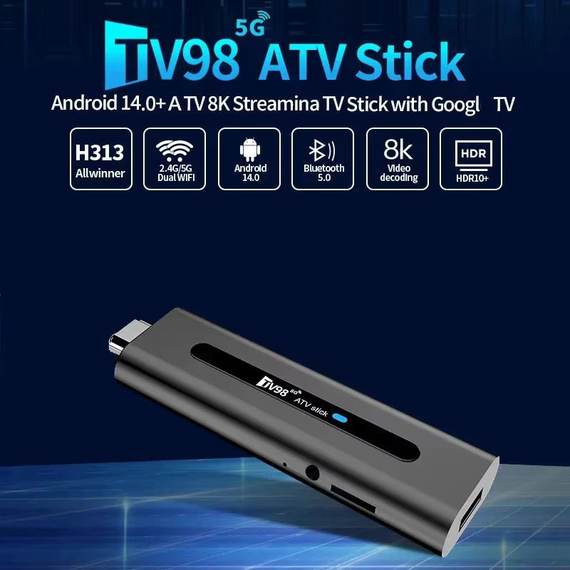 TV98 ATV Stick Android 14 mit Allwinner H313 Quad Core, 8GB RAM, 128GB Speicher, Dual WLAN 4G/5G, Bluetooth 5.0 und Sprachfernbedienung, HD 8K 4K @60fps, Schwarz - Bild 3