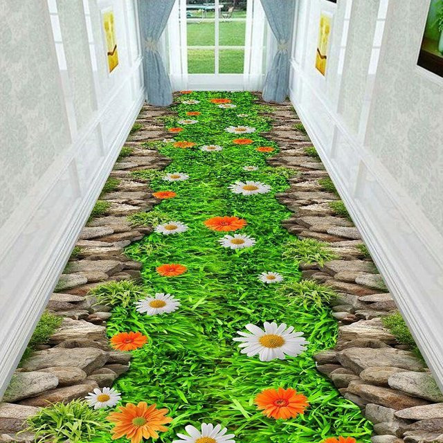 WTEMPO 3D Teppich Gras Spaziergang Pfad Brücke Design, waschbarer Korridor- und Flurteppich aus Polyester, B: 80 cm, L: 400 cm - Bild 1