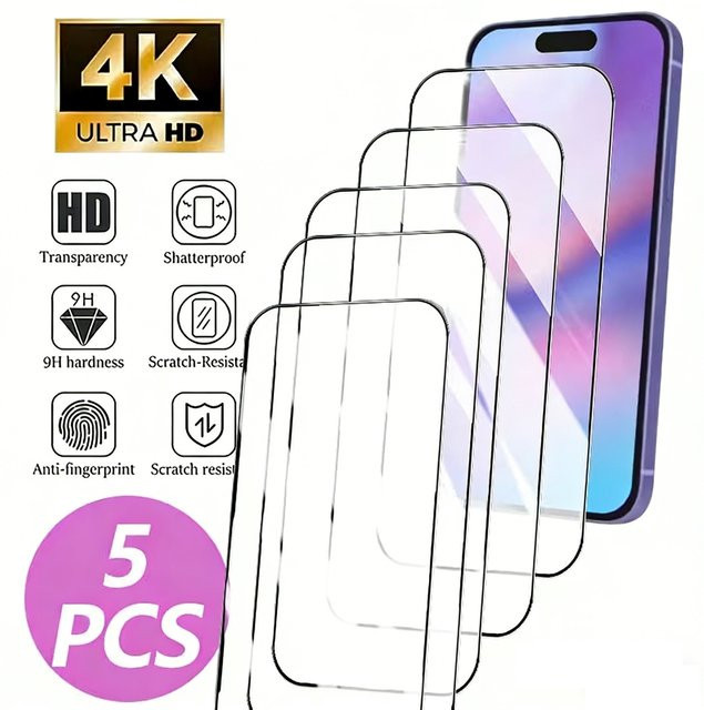 9D Vollflächiger Displayschutz aus gehärtetem Glas für Apple iPhone 17 17e 16 15 14 Pro Max 13 12 11 Pro X XR, transparent - Bild 1