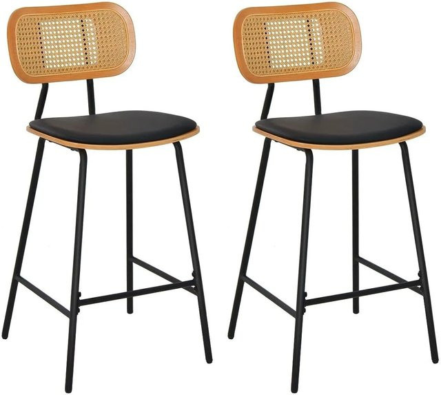 Costway Barhocker 2er Set mit Rattan Rückenlehne und Fußstütze in Schwarz und Braun - Bild 1