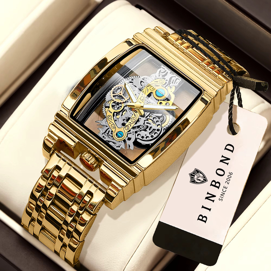 BINBOND Armbanduhr Quarz, Edelstahl, Gold, Herren, Rechteckig - Bild 2