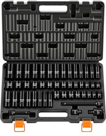 VEVOR Schlagnuss-Set 48-tlg. mit 3/8 Zoll Antrieb, Sechskant-Steckschlüssel aus Chrom-Vanadium-Stahl in Schwarz, SAE 5/16-3/4 Zoll und Metrisch 8-19 mm, 21-22 mm, inklusive Verlängerungsstange, Adapter und Koffer - Bild 1