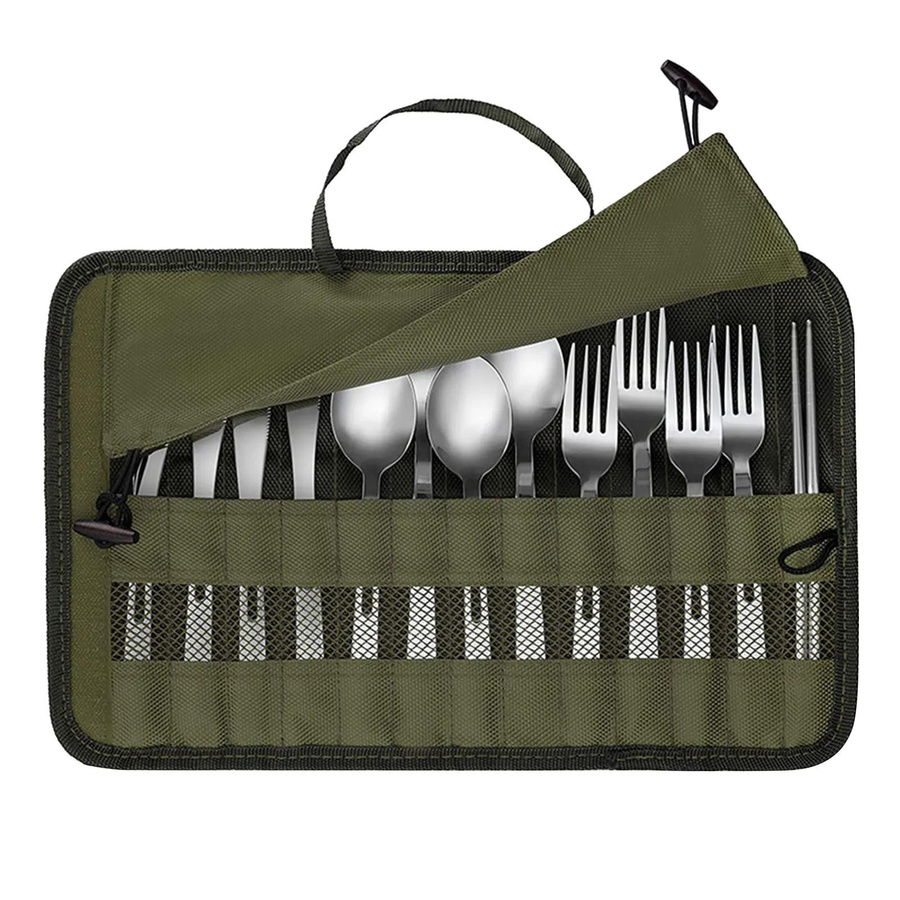 Binchi Outdoor Aufbewahrungstasche für Camping-Besteck, wasserdichte Roll-Up-Tasche in Grün - Bild 2