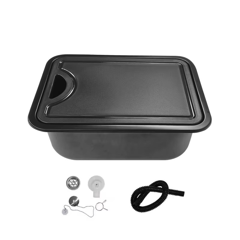 Schwarze Wohnmobil-Spüle mit Schneidebrett-Abdeckung und quadratischem Trompetenspülbecken, B/T/H: 38,0 x 14,5 cm - Bild 3