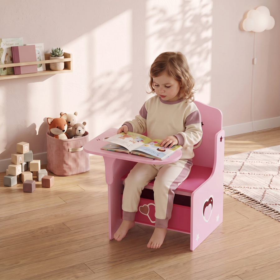 AIYAPLAY Kindertisch mit Stuhl Set 2-in-1 mit integrierter Sitzgruppe und Stauraum, Rosa - Bild 2