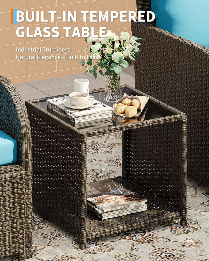 HiMISS 5-teiliges Polyrattan Gartenmöbel-Set in Braun mit 2 Sesseln, 2 Ottomanen und Couchtisch aus Glas, wetterfestes Outdoor-Lounge-Set mit Polsterkissen - Bild 4