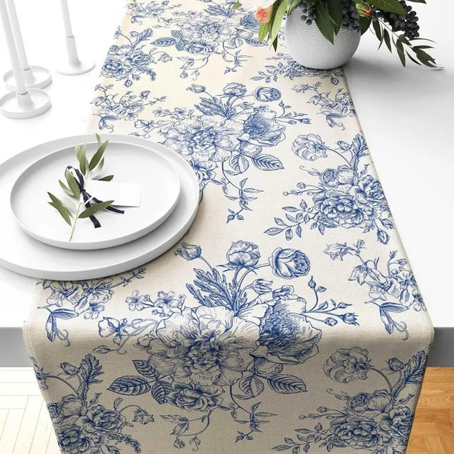 VIKAMA 4-teiliges Tischset Set aus Leinen in Blau mit floralem Country-House Design, rechteckige Tischmatten für Garten und Café - Bild 1