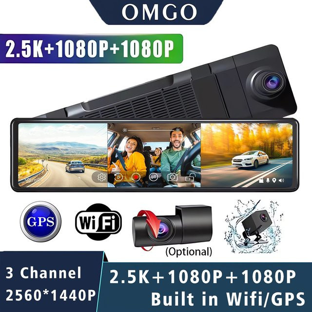 OMGO 3-Kanal Dashcam mit GPS und WiFi, 2,5 K + 1080 P Auflösung, Auto Spiegel Dashcam mit Rückansicht, Schwarz, 11,26 Zoll - Bild 1