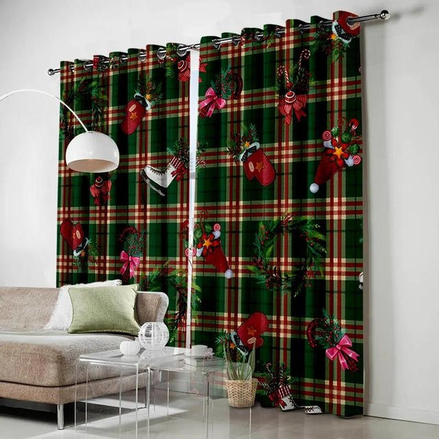 Weihnachtliche Fenstervorhänge mit Weihnachtsbaum, Weihnachtsmann und Schneeflocken, halbtransparent, Mehrfarbig, Breite: 135 cm, Höhe: 60 cm - Bild 1