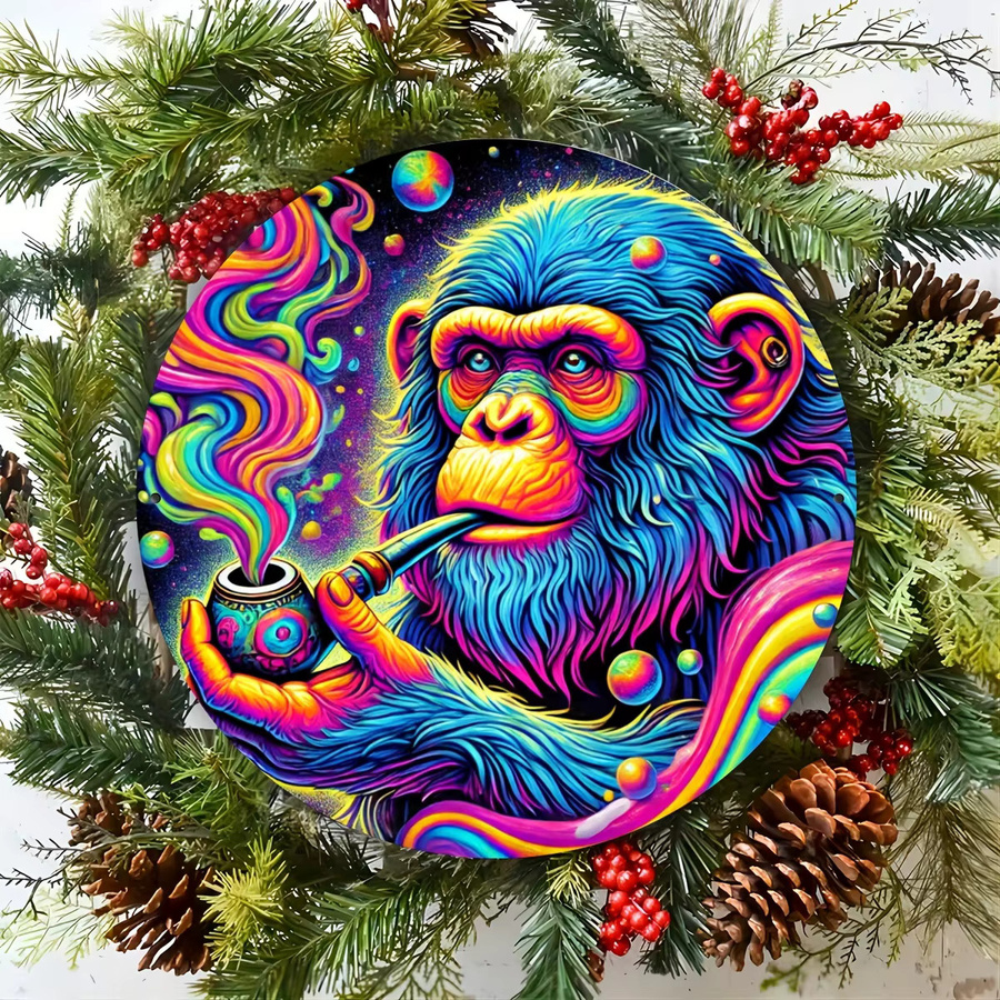 Rundes Metallschild Potdemiel mit psychedelischem Affen-Motiv in Mehrfarbig, Wandkunst aus Eisen, Durchmesser: 20,3 cm - Bild 4