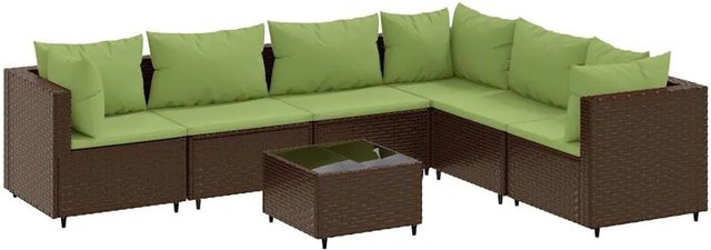 vidaXL 7-tlg. Garten-Lounge-Set in L-Form aus braunem PE-Rattan mit UV-beständigen Kissen und pulverbeschichtetem Stahlgestell - Bild 1