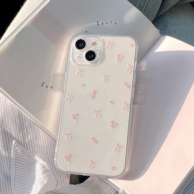 Transparente TPU-Handyhülle mit rosa Schleife und Blumenmuster für Apple iPhone 16 15 14 13 12 11 Pro Max Plus SE und andere Modelle - Bild 1