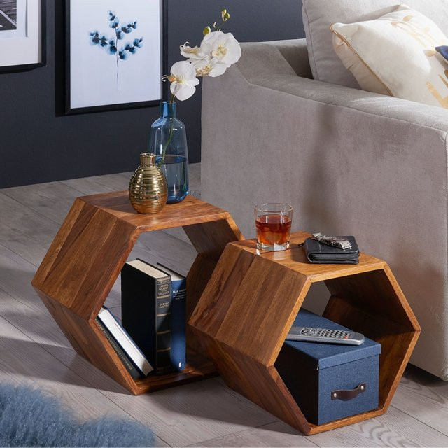FineBuy Beistelltisch 2er Set aus Massivholz in Braun mit Waben-Form - Bild 1