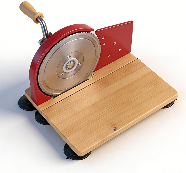 Manuelles Brotschneidegerät von Aimo aus Edelstahl und Holz in Rot mit einstellbarer Dicke - Bild 1