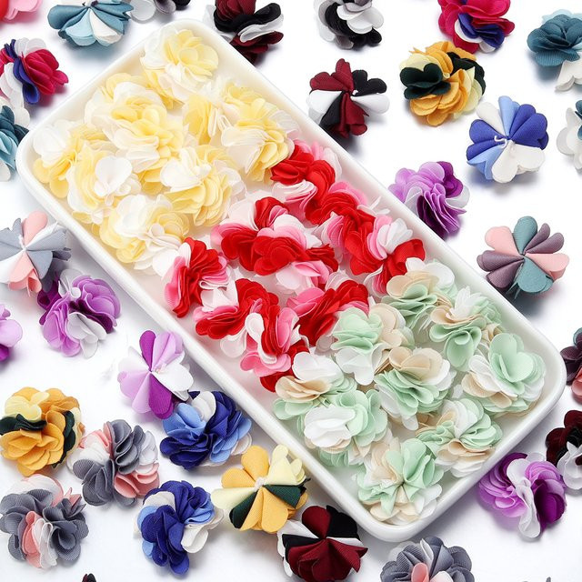10 Stück handgefertigte Stoff-Blumen in Gelb und Multicolour, 2,5 cm Durchmesser, Textil-Dekoration für DIY-Projekte und Hochzeiten - Bild 1