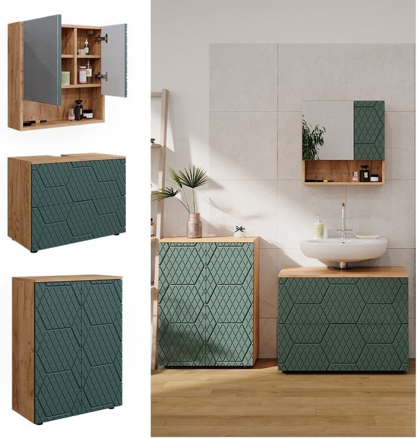 Vicco Badmöbel-Set Irma 3-teilig in Eiche und Grün mit Kommode und Waschbeckenschrank 80 cm - Bild 1