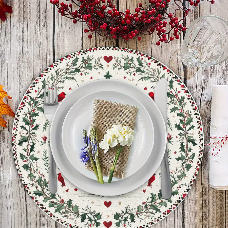 VIKAMA Weihnachtsmatte mit Vogel- und Stechpalmen-Motiv, rund, mehrfarbig, Textil-Tischdeko für dein Zuhause oder Bankette - Bild 2