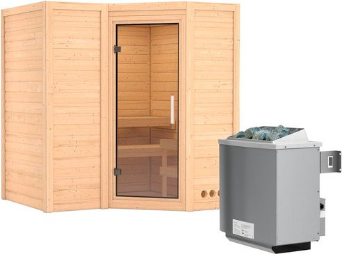 Karibu Sauna Riga 1 für 3 Personen mit 9 kW Saunaofen und integrierter Steuerung, beige - Bild 1