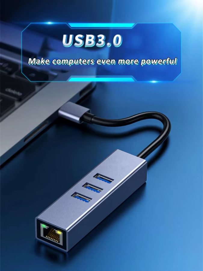 USB 3.0 zu RJ45 Ethernet Adapter mit 3-Port Hub, 1000 Mbit/s LAN-Konverter für Laptop, Desktop und Steam Deck, Farbe: Grau - Bild 5