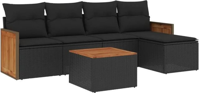 vidaXL 6-teilige Garten-Sofagarnitur aus Poly-Rattan und Akazienholz in Schwarz mit Kissen - Bild 1