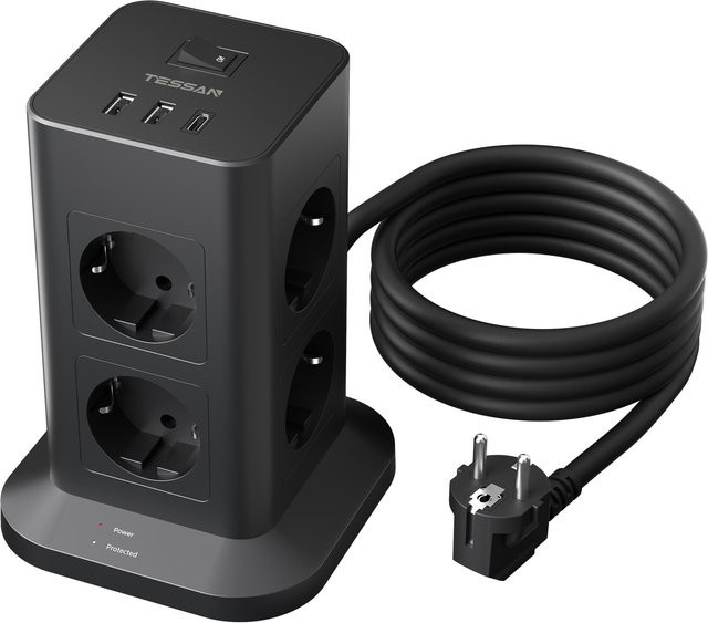 TESSAN Black Tower Steckdosenleiste in Schwarz mit 8 AC-Ausgängen, 1 USB-C und 2 USB-A Anschlüssen sowie 2 m Verlängerungskabel - Bild 1